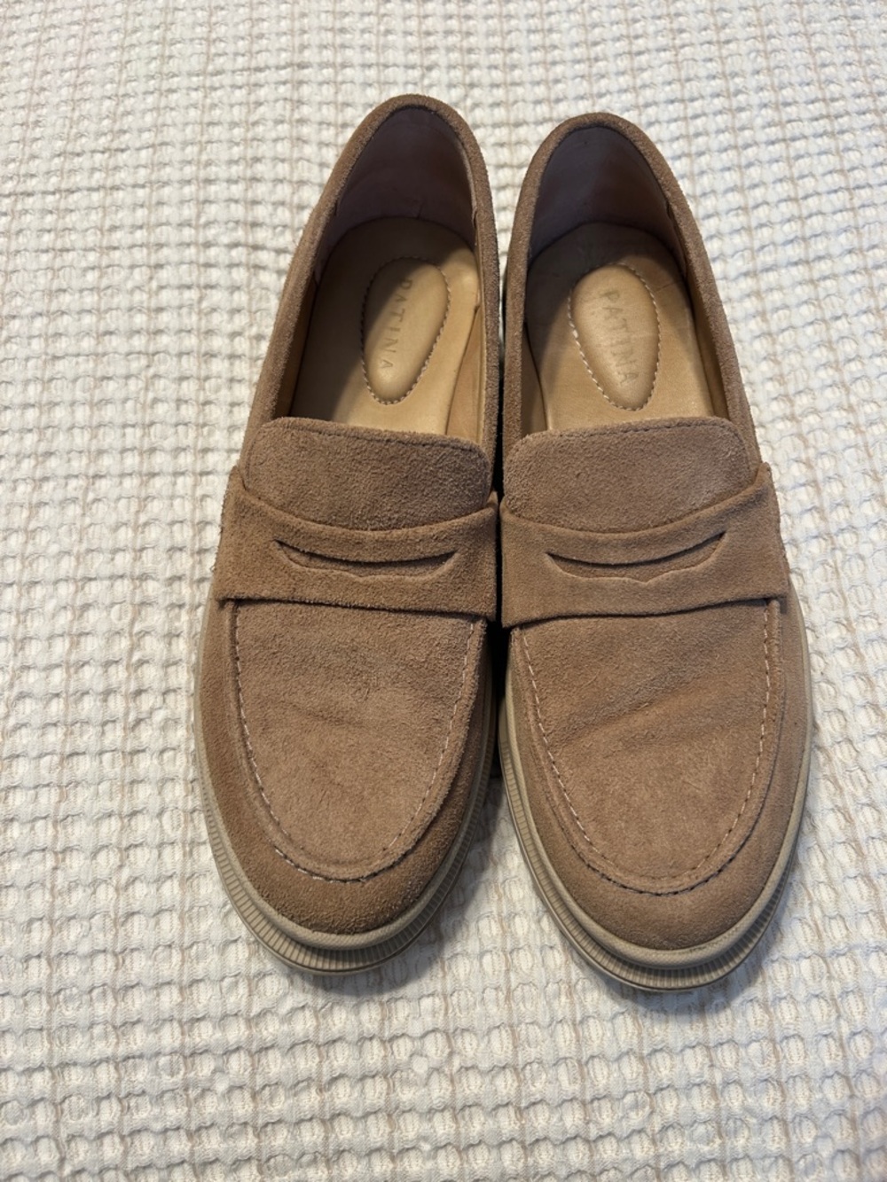 Portland Leather Patina Zoe Chunky Loafer Taupe Suede Lug Academia, Size 10 - Picture 3 of 6